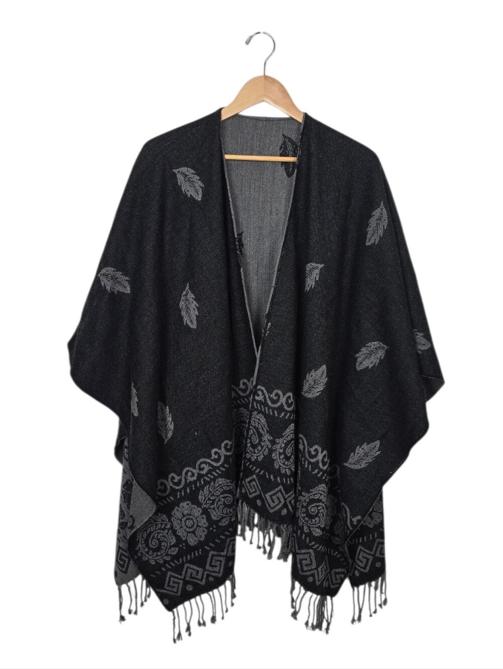 Reversible Dark & Light Gray Leaf Floral Reversible Wrap Poncho Scarf